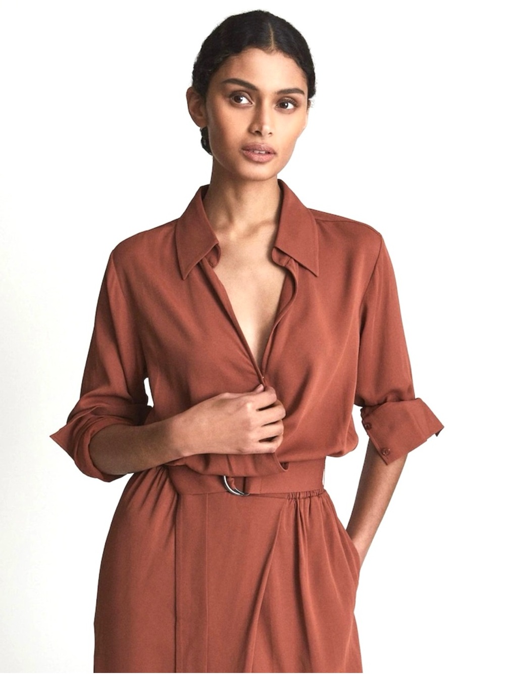 Reiss Rust-Brown Midi Shirt Dress - Picture 2 of 11